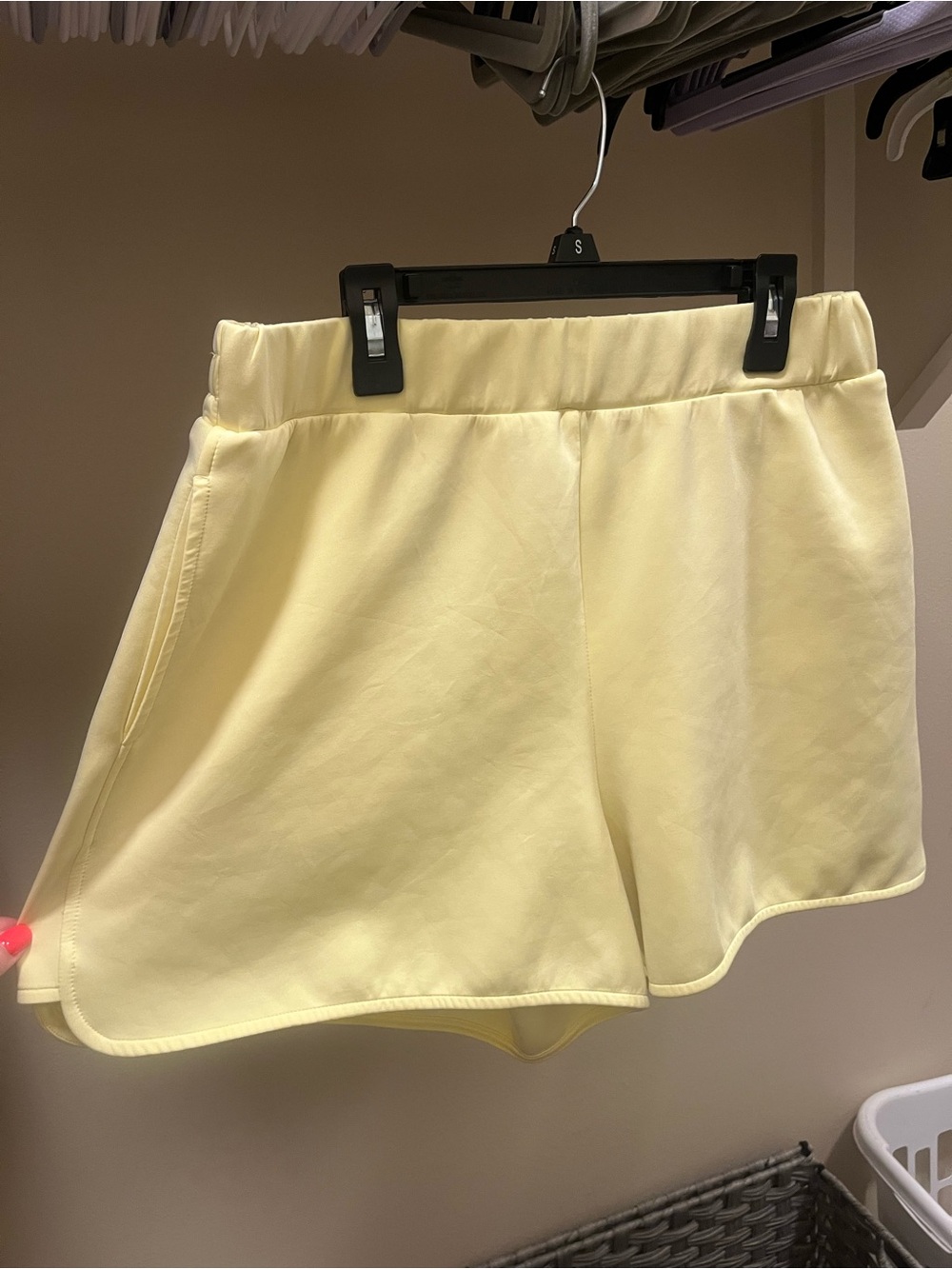 Women’s Light Yellow Elastic-Waist scuba shorts from SSYS.
